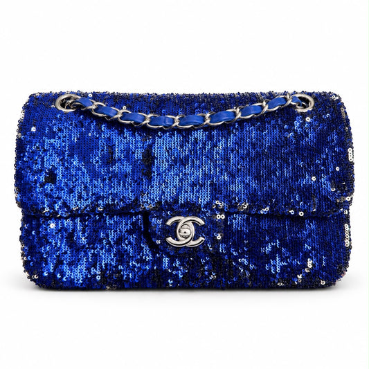 CHANEL - BAG CLASSIC SINGLE FLAP IN BLUE SEQUINS WITH SILVER TONE HARDWARE
