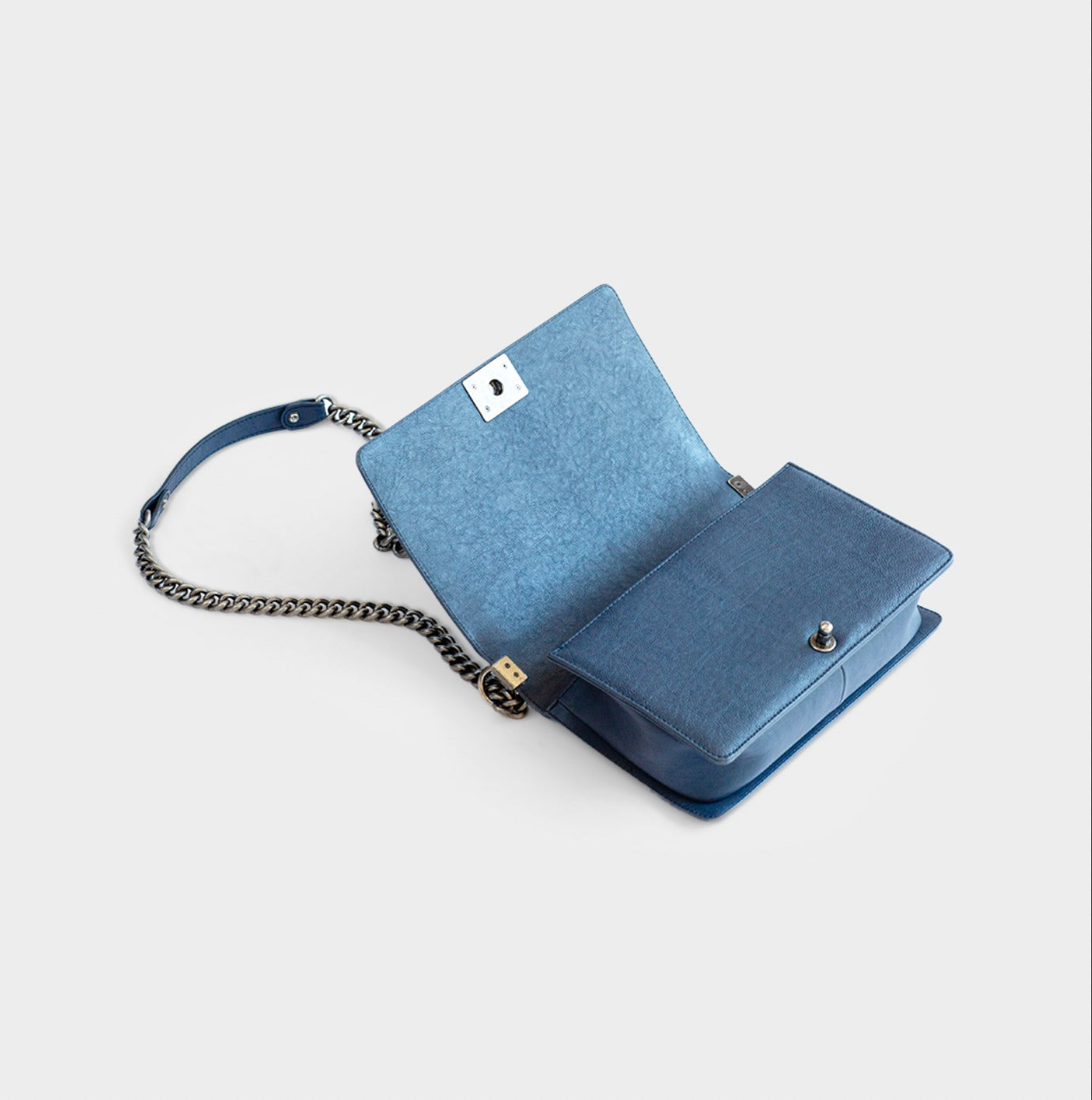 CHANEL - BAG BOY LARGE NAVY BLUE WITH RUTHENIUM CHAIN