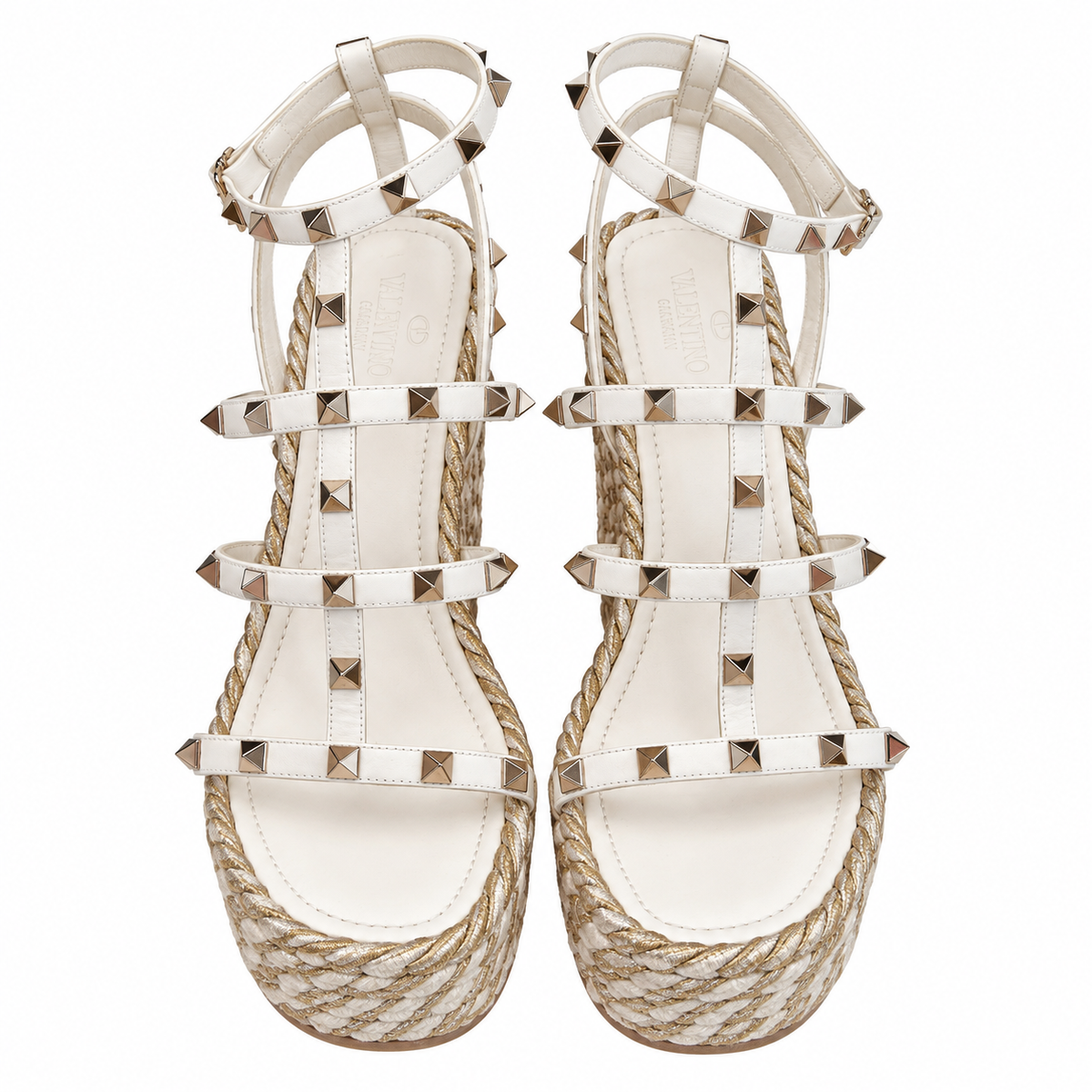VALENTINO - WEDGE SANDALS ROCKSTUD WHITE LEATHER AND SILVER SIZE 41
