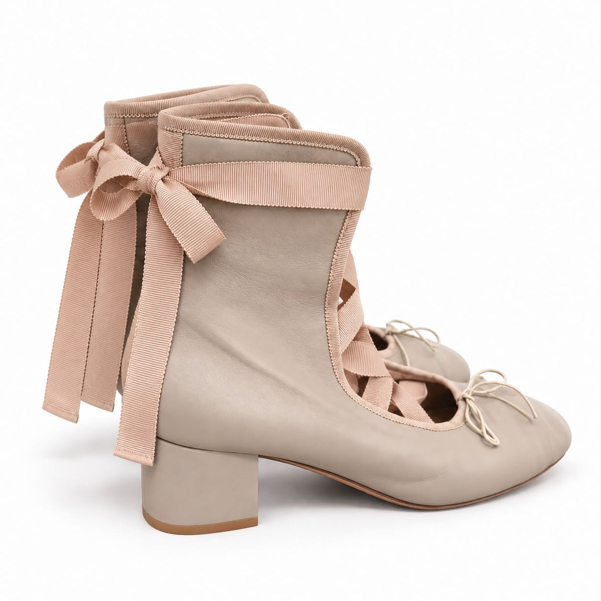 VALENTINO – ANKLE BOOTS IN BEIGE LEATHER WITH BALLET-INSPIRED RIBBON LACING 37 EU