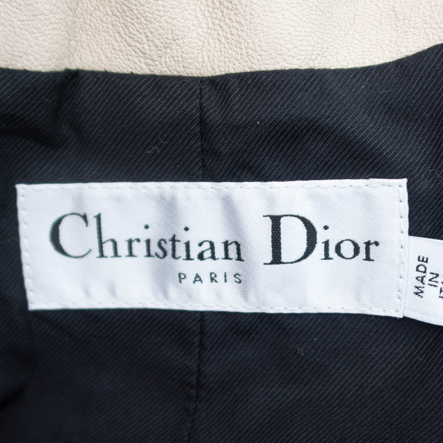 DIOR - ECRU LAMSKIN BOMBER JACKET WITH BLACK ELASTIC WAIST AND SIZE ARM STRIPES IN SIZE 36 FR