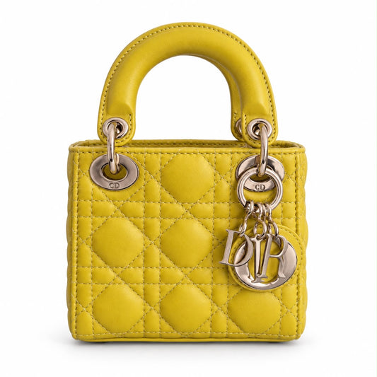 DIOR – *NEVER WORN* BAG LADY DIOR MICRO IN YELLOW CANNAGE LEATHER PALE GOLD HARDWARE