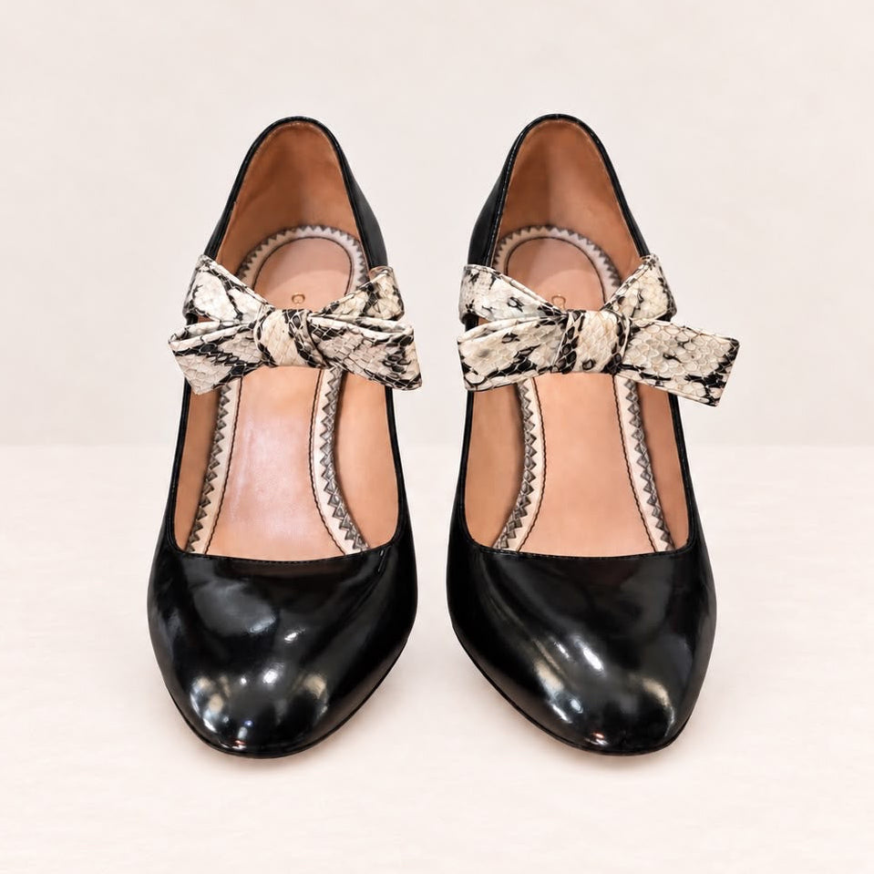 GUCCI - PUMPS MARY JANE BLACK LEATHER & BEIGE WATER SNAKE SIZE 39,5 EU
