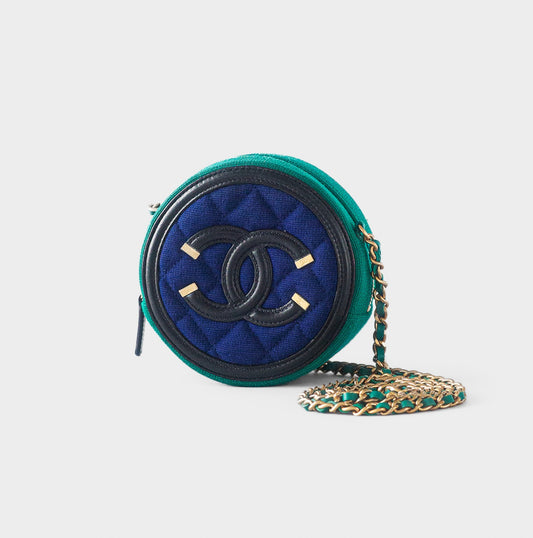 CHANEL-  Round Clutch with Chain Quilted Jersey with Lambskin Logo Blue & Green