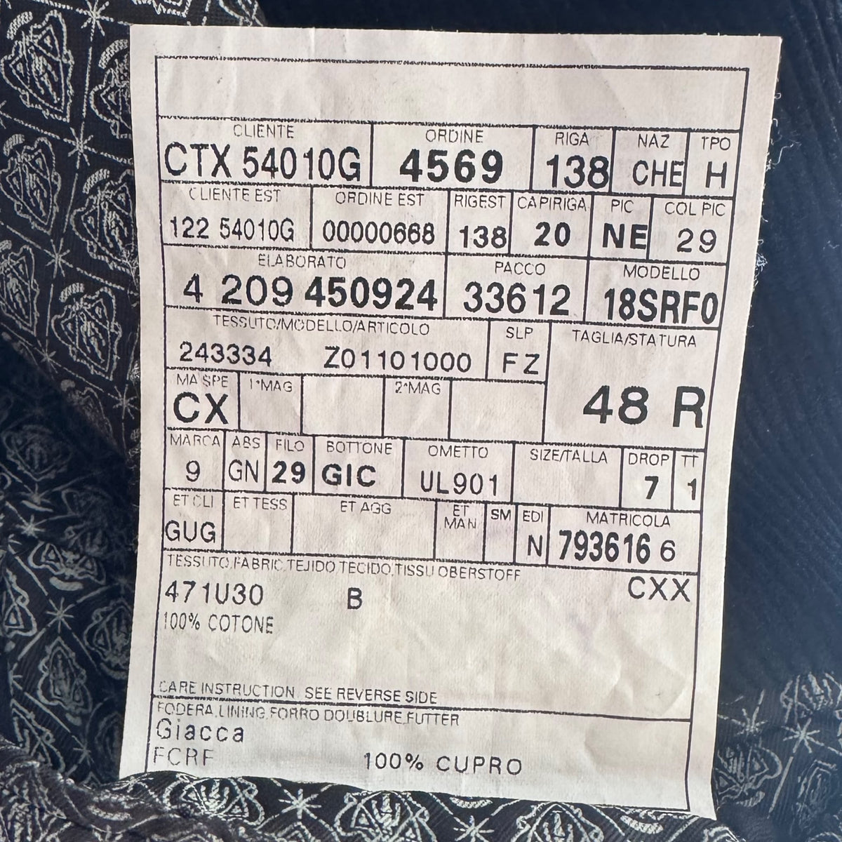 GUCCI – BLAZER BLACK CORDUROY TAILORED WITH CREST BUTTONS & PATTERNED LINING SIZE 48 IT