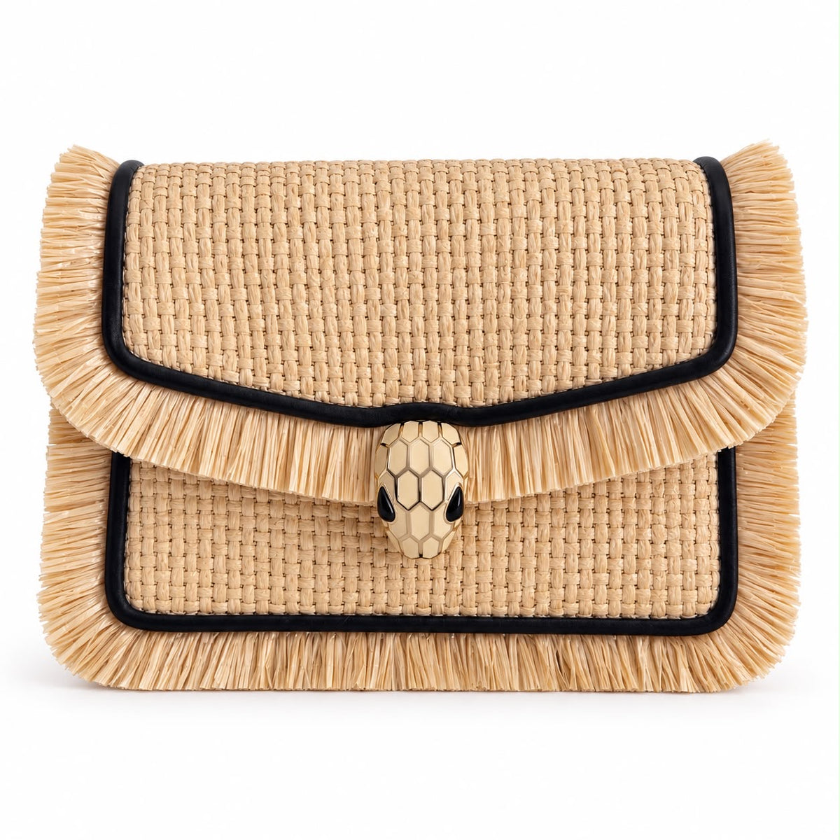 BULGARI - *NEVER WORN* BAG SERPENTI FOREVER MINI IN NATURAL RAFFIA WITH BLACK LEATHER TRIM
