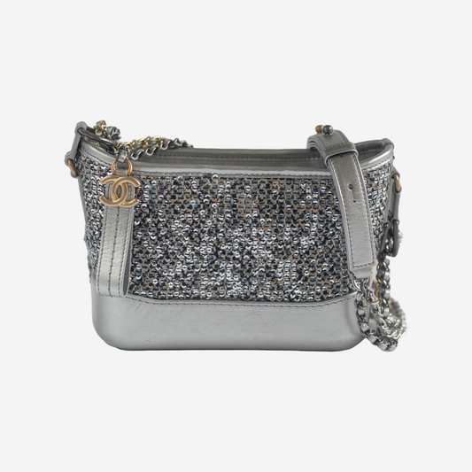 CHANEL - GABRIELLE HANDBAG SILVER LEATHER CANVAS & SEQUINS
SMALL