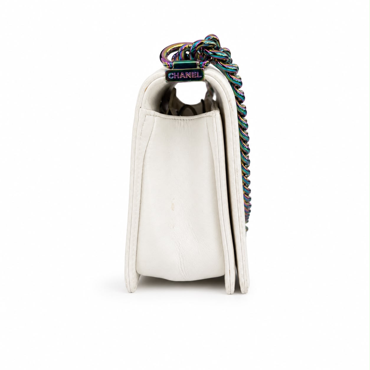 CHANEL - *RARE* BAG BOY MEDIUM LED WHITE LAMBSKIN WITH RAINBOW HARDWARE