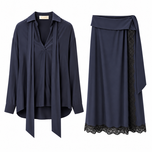 CHLOÉ - SET SHIRT AND MAXI SKIRT NAVY BLUE SIZE 34 FR
