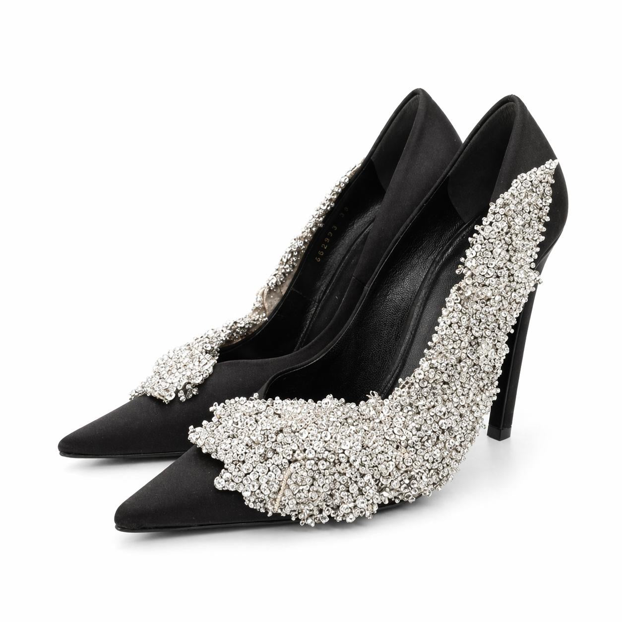 BALENCIAGA - PUMPS SLASH SATIN BLACK WITH SEQUIN FLORAL EMBROIDERY SIZE 39 EU
