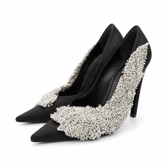 BALENCIAGA - PUMPS SLASH SATIN BLACK WITH SEQUIN FLORAL EMBROIDERY SIZE 39 EU