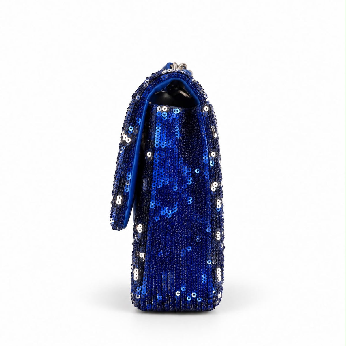 CHANEL - BAG CLASSIC SINGLE FLAP IN BLUE SEQUINS WITH SILVER TONE HARDWARE