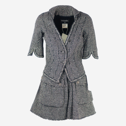 CHANEL - SILK JACKET & SKIRT SET TWEED BLACK & WHITE