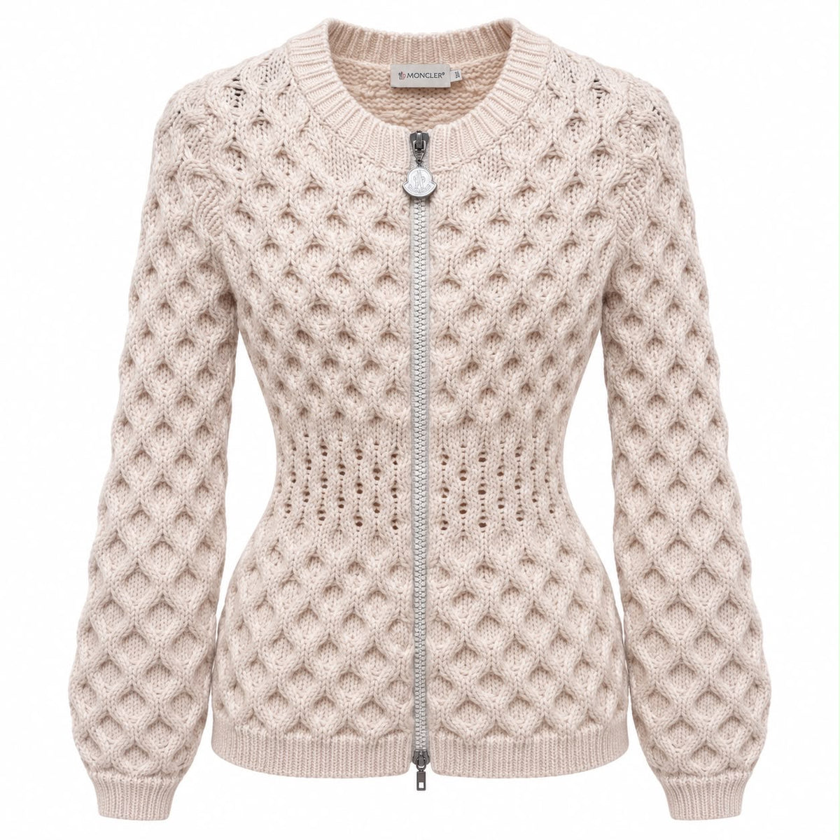 MONCLER – CARDIGAN CREAM CABLE-KNIT WITH FITTED WAIST & LOGO ZIP SIZE XS