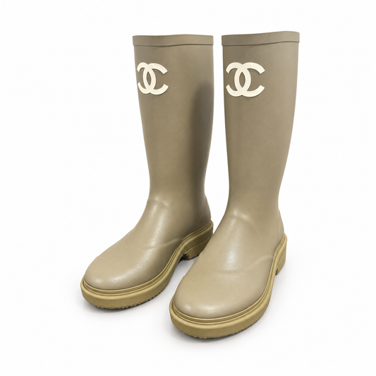 CHANEL - *NEW* HIGH RAINING BOOTS KHAKI WITH CC LOGO SIZE 36 EU