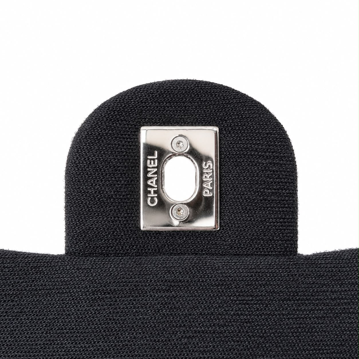 CHANEL - *NEVER USED* BAG MINI FLAP JERSEY VERTICAL QUILTED BLACK WITH SILVER HARDWARE