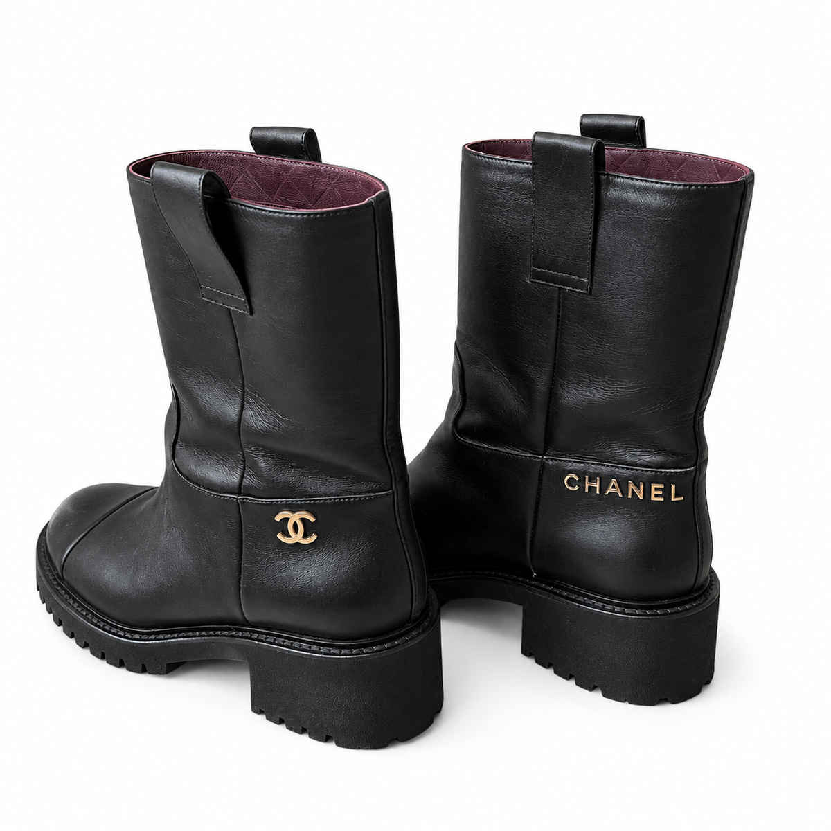 CHANEL - BOOTS BLACK LEATHER CC SIGNATURE GOLD TONE LOGOS SIZE 37 EU