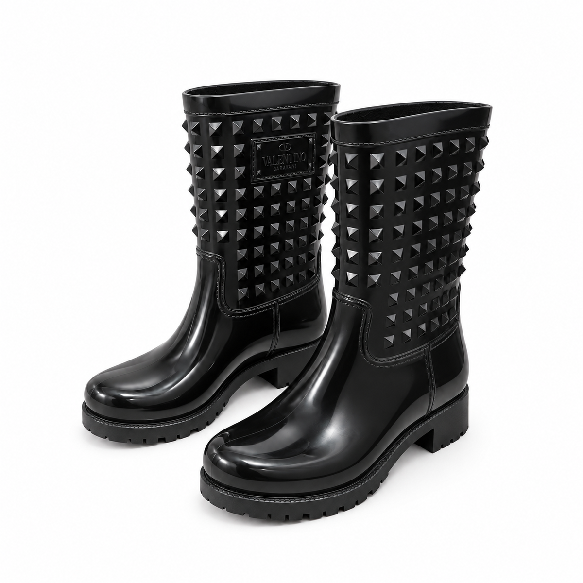 VALENTINO - RAIN BOOTS ROCKSTUD BLACK GLOSSY SIZE 37 EU