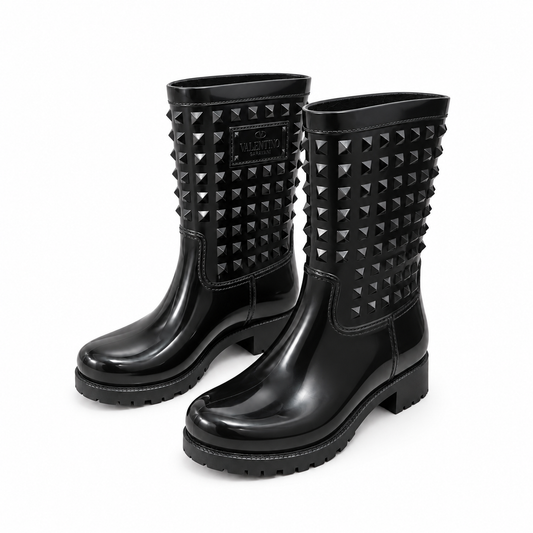 VALENTINO - RAIN BOOTS ROCKSTUD BLACK GLOSSY SIZE 37 EU