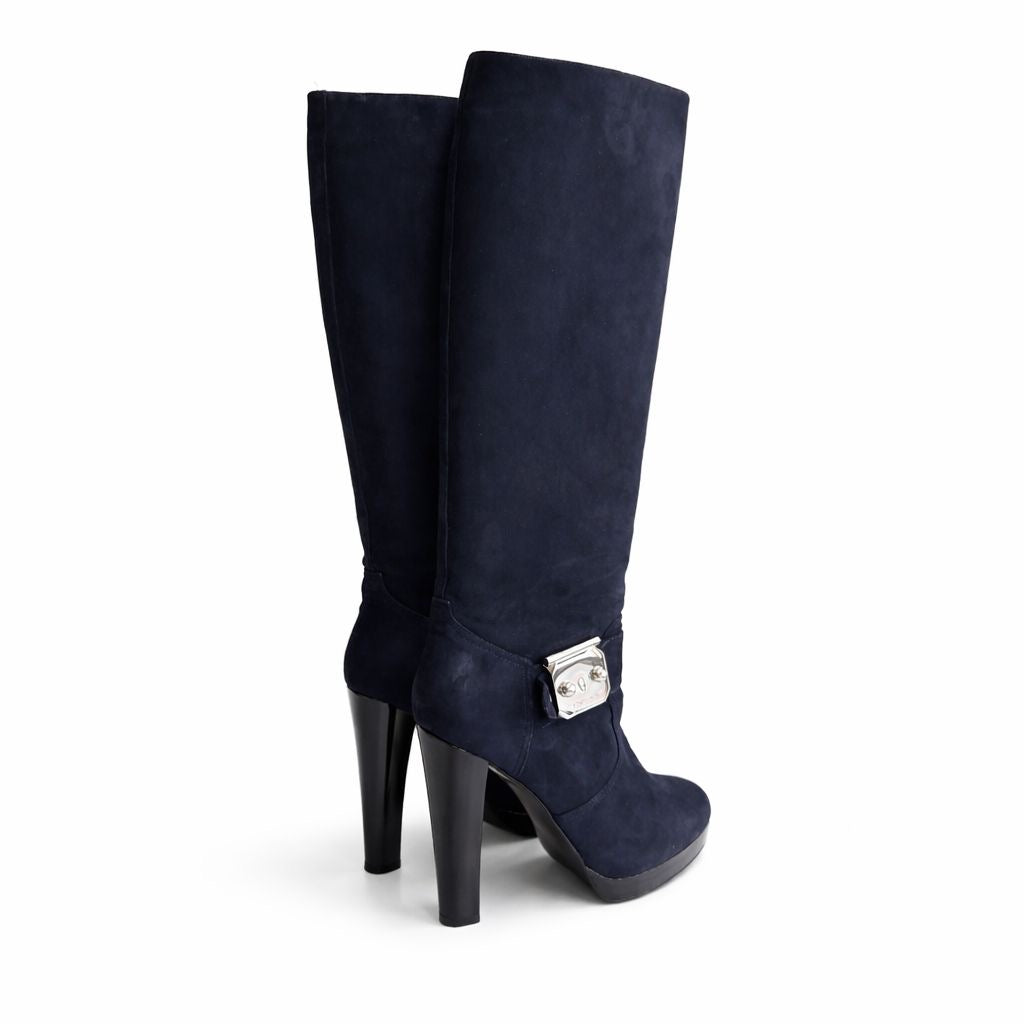 HERMÈS - HIGH BOOTS DARK BLUE SILVER BUCKLE SIZE 39,5 EU