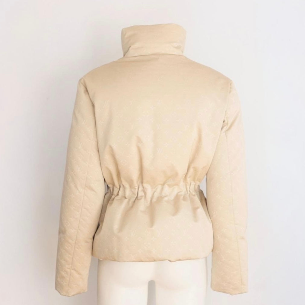 LOUIS VUITTON - BEIGE MONOGRAM PUFFER JACKET WITH BLACK LEATHER BELT SIZE 36 FR