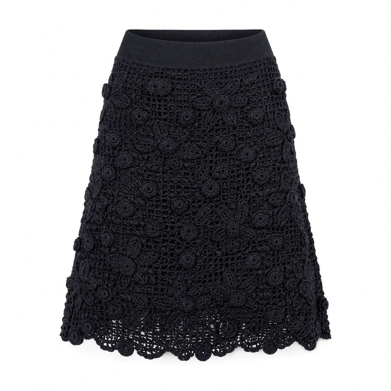 VALENTINO - SKIRT BLACK EMBROIDERED WITH FLORAL APPLIQUÉS SIZE S
