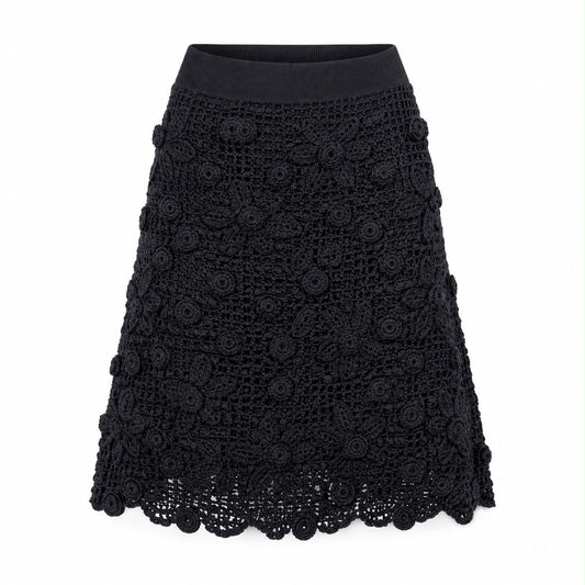 VALENTINO - SKIRT BLACK EMBROIDERED WITH FLORAL APPLIQUÉS SIZE S