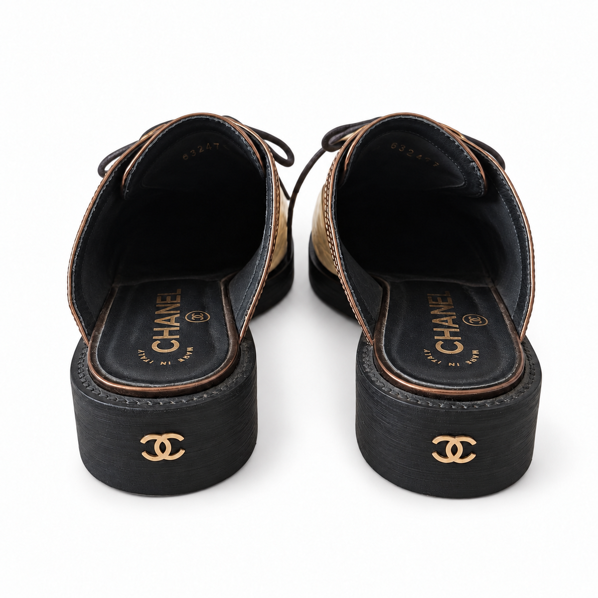 CHANEL - MULES LACE-UP MULTICOLOR METALLIC LEATHER WITH BLACK PATENT CAP TOE SIZE 36,5 EU