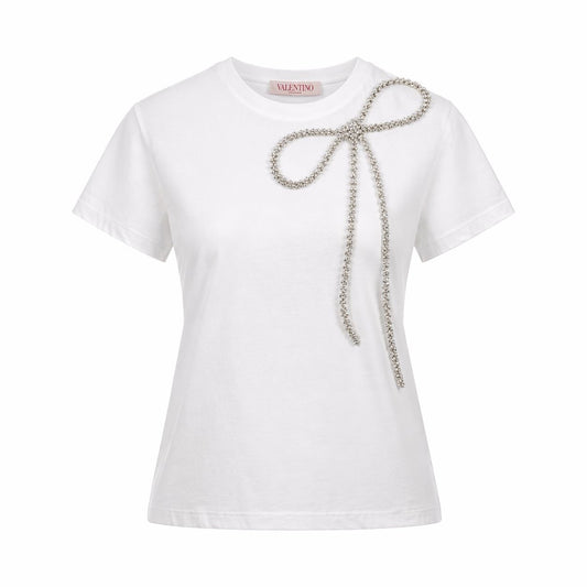 VALENTINO - *NEW WITH TAG* T-SHIRT WHITE COTTON WITH CRYSTAL BOW SIZE S
