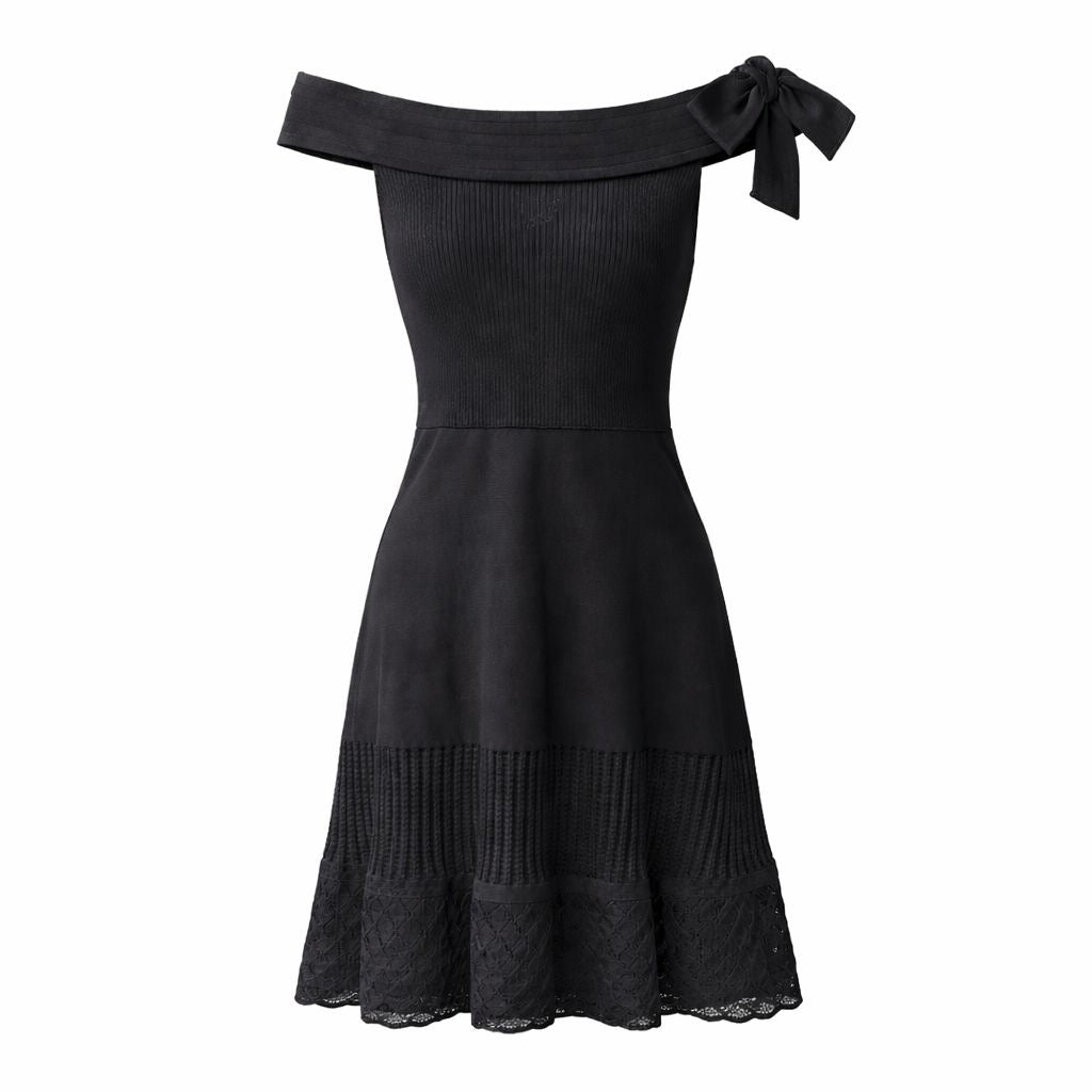 CHANEL - DRESS MIDI BLACK OFF-SHOULDER BOW DETAIL SIZE 38 FR