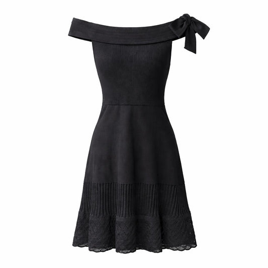 CHANEL - DRESS MIDI BLACK OFF-SHOULDER BOW DETAIL SIZE 38 FR