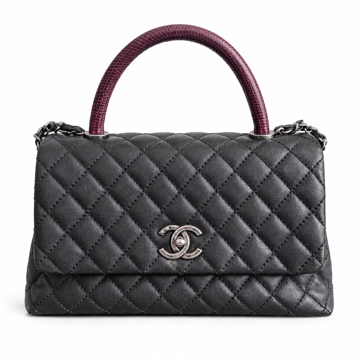 CHANEL - BAG COCO HANDLE BLACK QUILTED CAVIAR LEATHER WITH BURGUNDY EXOTIC LEATHER HANDLE