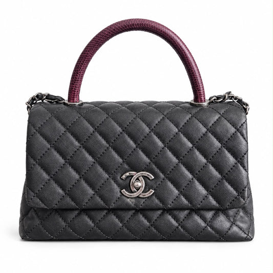 CHANEL - BAG COCO HANDLE BLACK QUILTED CAVIAR LEATHER WITH BURGUNDY EXOTIC LEATHER HANDLE