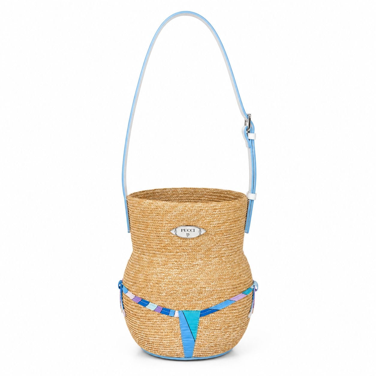PUCCI - *NEVER WORN* BAG BUCKET PULCINELLA STRAW AND BLUE PRINT