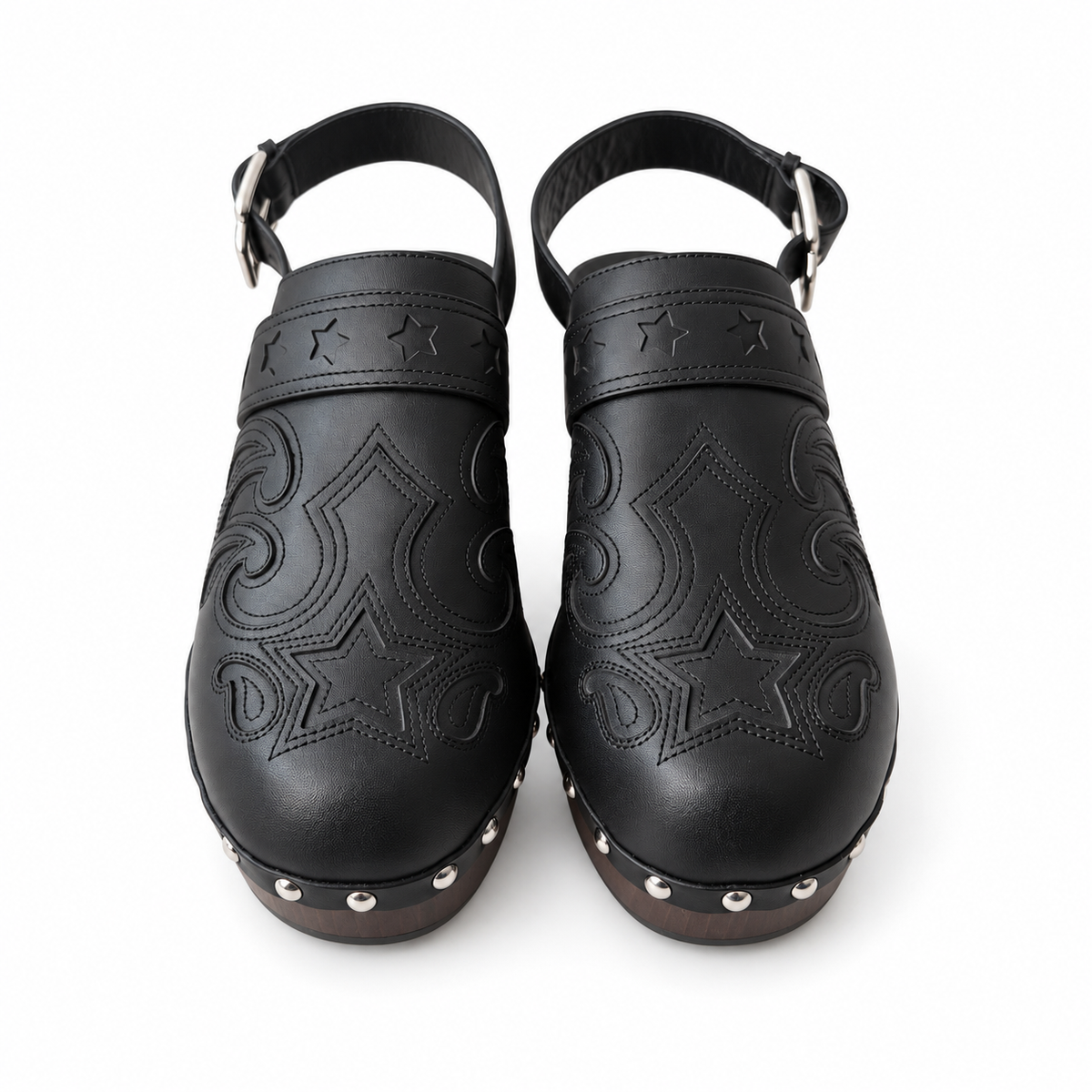 HERMÈS - SHOES CLOGS HIPPIE BLACK LEATHER WITH ASTROLOGIE BANDANA EMBROIDERY & WOODEN SOLES SIZE 38 EU