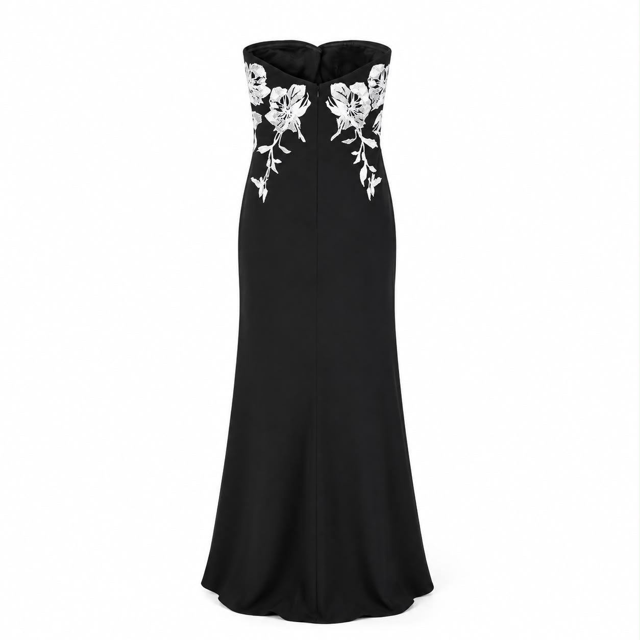 ELIE SAAB - DRESS MAXI BLACK WITH WHITE FLORAL EMBROIDERY SIZE 36 FR