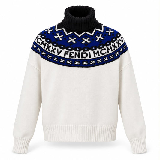 FENDI – WHITE, BLUE AND BLACK LOGO JACQUARD WOOL & CASHMERE TURTLENECK SWEATER SIZE 38 IT