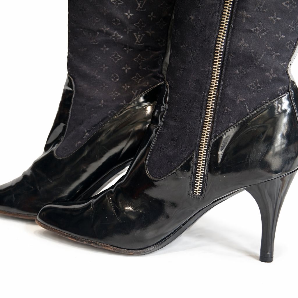 LOUIS VUITTON - HIGH BOOTS BLUE PATENT LEATHER & MONOGRAM CANVAS SIZE 39,5 EU