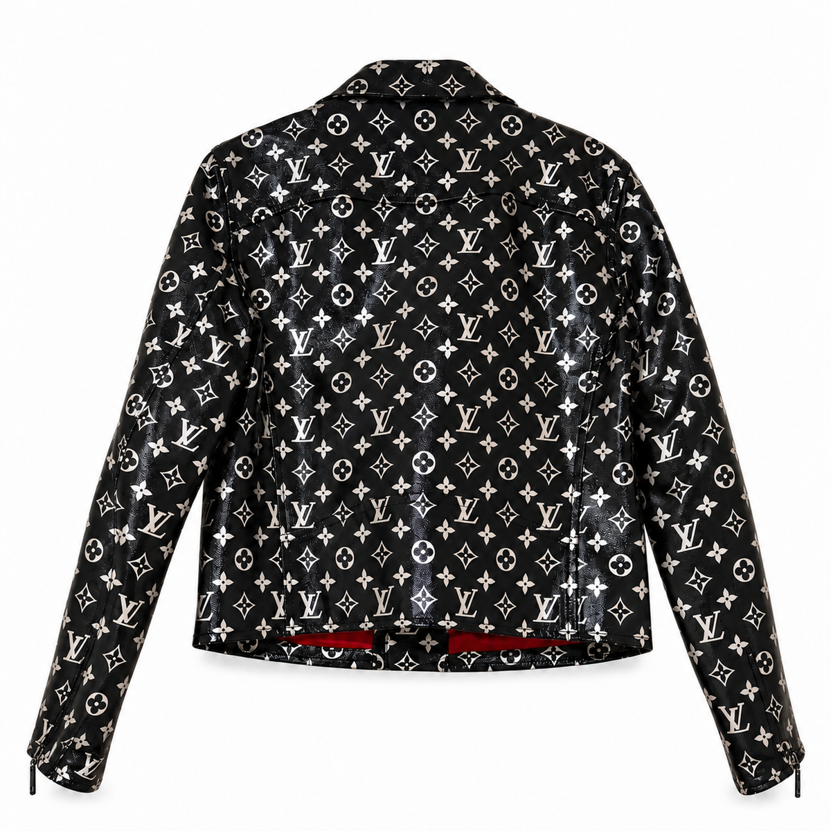 LOUIS VUITTON – BIKER JACKET BLACK MONOGRAM PRINTED LEATHER WITH RED LINING SIZE 40 FR