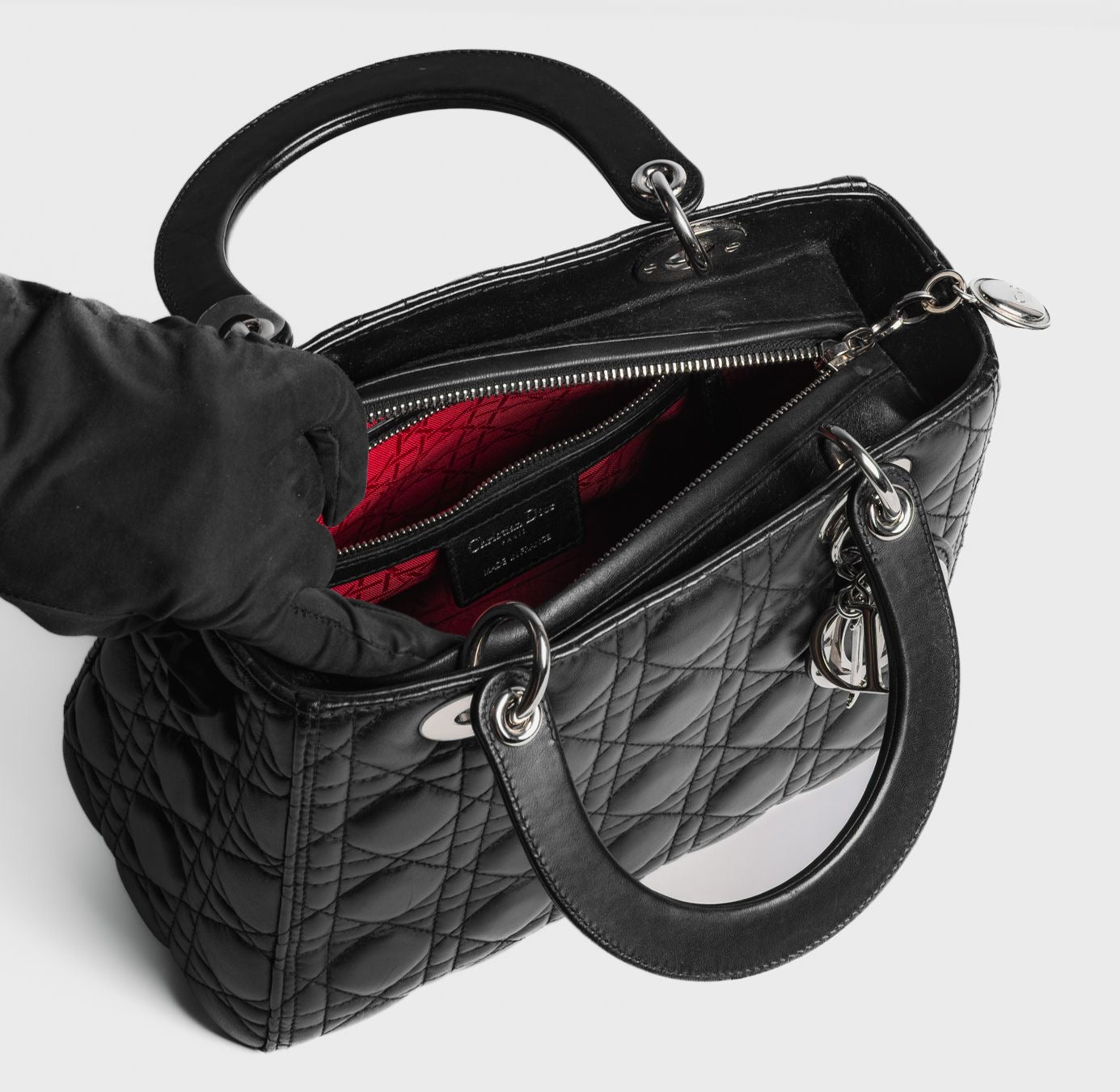 DIOR - BAG LADY DIOR BLACK LAMBSKIN LEATHER SILVER HARDWARE