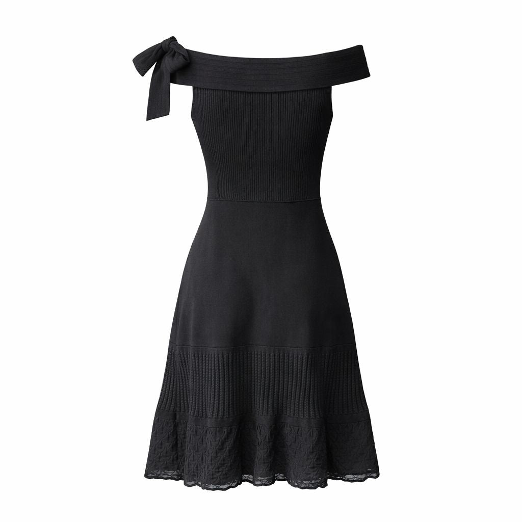 CHANEL - DRESS MIDI BLACK OFF-SHOULDER BOW DETAIL SIZE 38 FR
