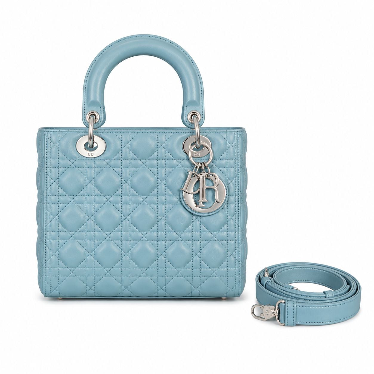 DIOR - *NEVER USED* BAG LADY DIOR MEDIUM LAMBSKIN LIGHT BLUE SILVER HARDWARE