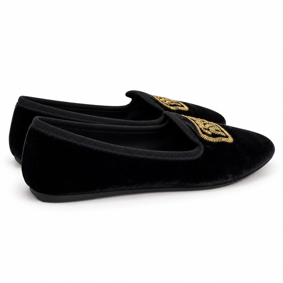 MIU MIU – BLACK VELVET LOAFERS WITH GOLD EMBROIDERED LOGO SIZE 39.5 EU