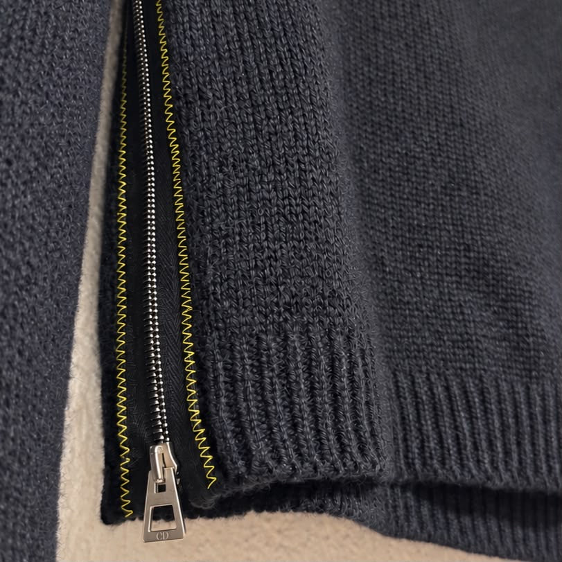 DIOR - SWEATER TURTLENECK BLACK RIBBED WITH ZIP AND YELLOW STITCHING SIZE 36 FR