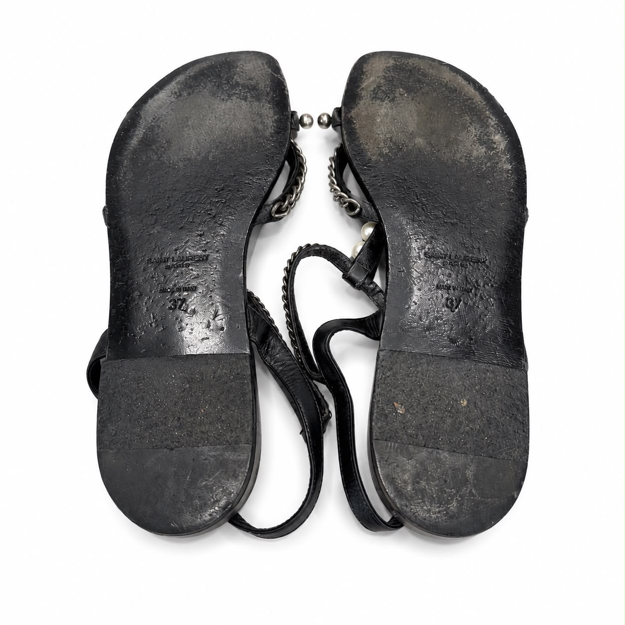 SAINT LAURENT - SANDALS FLAT BLACK LEATHER WITH STUDS CHAIN & PEARLS SIZE 37 EU