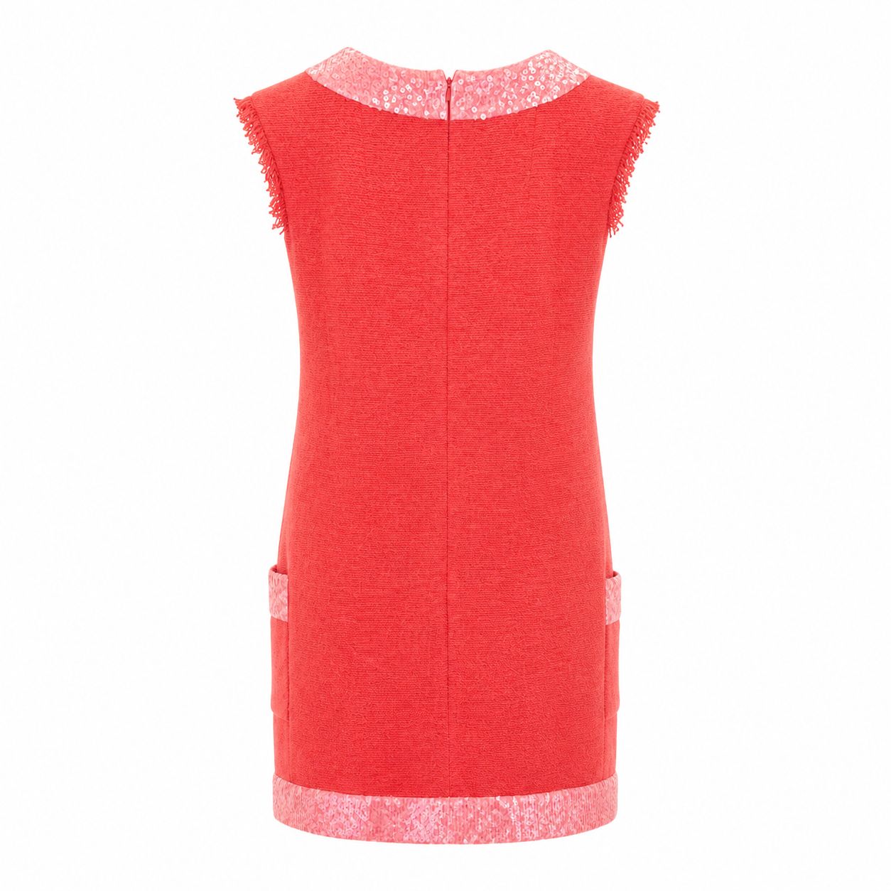 CHANEL - DRESS TWEED CORAL WITH SEQUINS AND FRINGE DETAILS SIZE 36 FR
