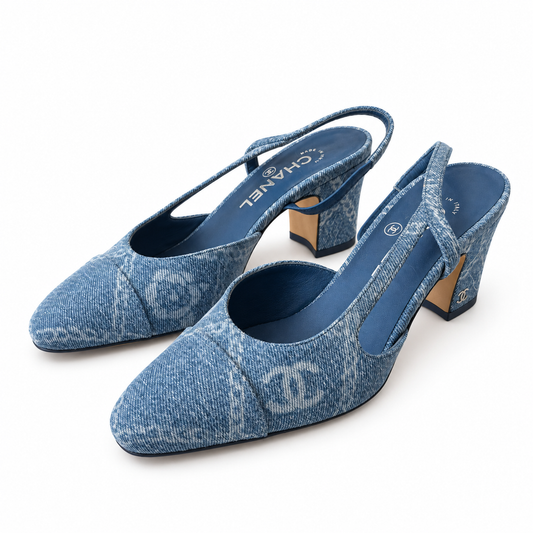 CHANEL - *NEW* SLINGBACK PUMPS BLUE DENIM LOGO CC LOGO SIZE 36,5 EU