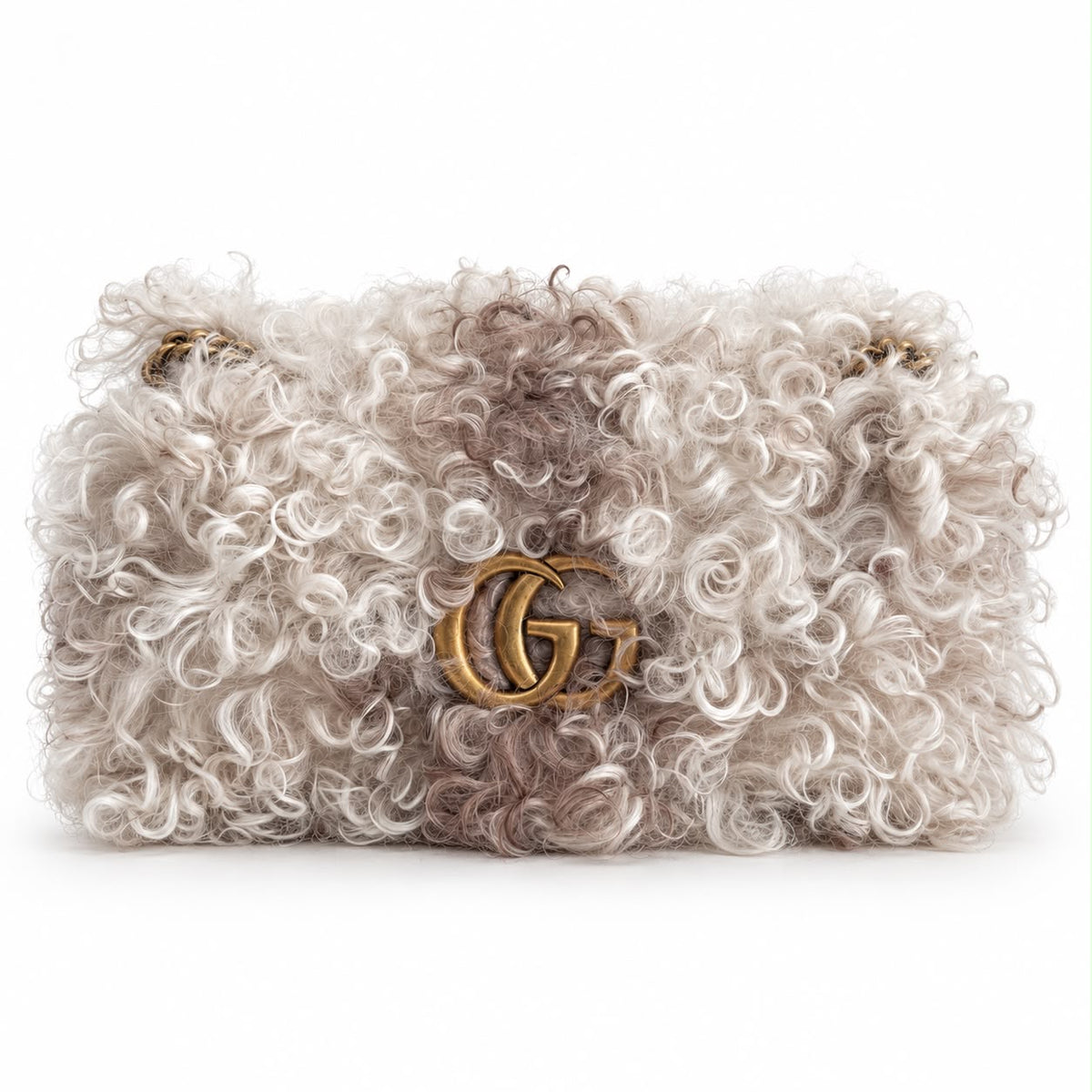 GUCCI - SHOULDER BAG GG MARMONT CURLY SHEARLING IN IVORY & TAUPE WITH ANTIQUE GOLD HARDWARE
