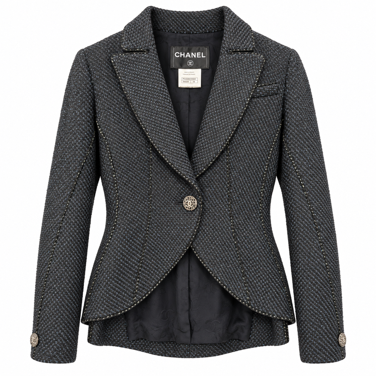 CHANEL - BLAZER NAVY BLUE TEXTURED WOOL TWEED TAILORED WITH JEWEL CC BUTTONS SIZE 36 FR