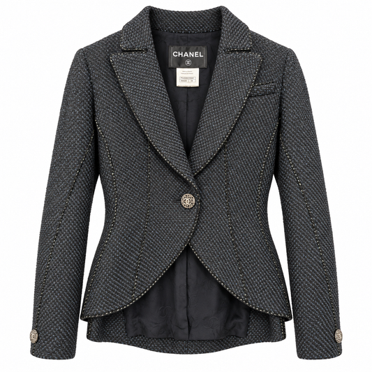 CHANEL - BLAZER NAVY BLUE TEXTURED WOOL TWEED TAILORED WITH JEWEL CC BUTTONS SIZE 36 FR
